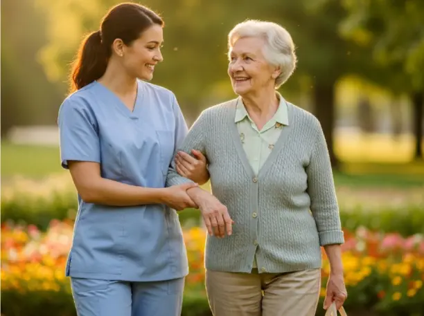 Old lady with her caregiver. companion home care.