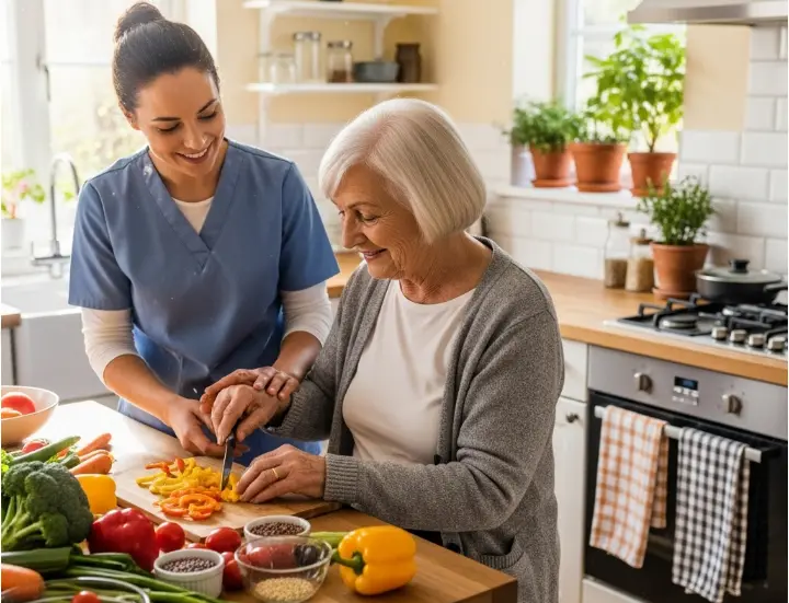 home helpers for elderly. Old lady with her helper.
