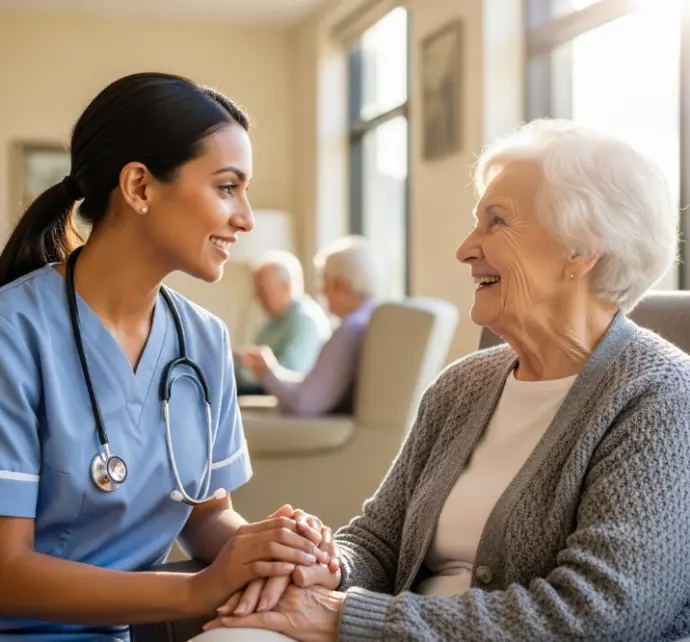 Nurse attending old lady. Senior companion care.