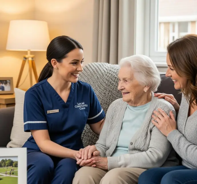 Elderly woman and her family are happy to hire a caregiver nurse from Essentia Staff
