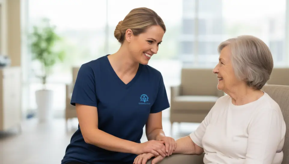 Learn more about our nursing services at Essential Staff Our nurse is assisting an elderly woman at her home.