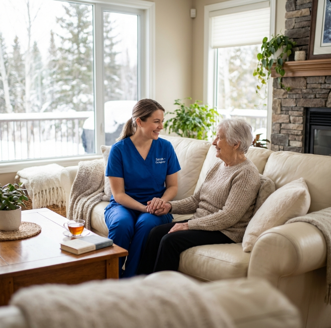 PSW caregiver assisting elderly client at home in London Ontario