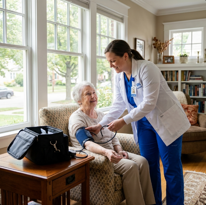Home caregiver supporting elderly patient in Southwestern Ontario