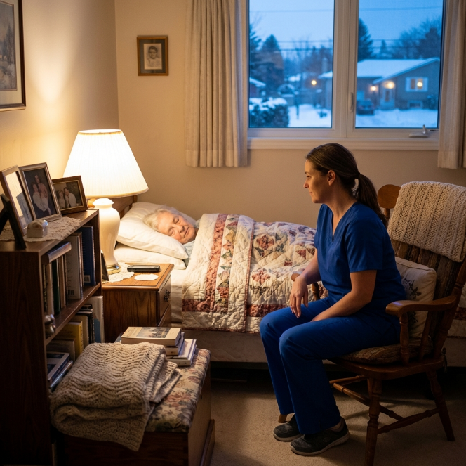 PSW helping senior with daily living activities at home in Ontario